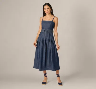 Adrianna By Adrianna Papell Cotton Denim Drop Waist Belted Midi Dress In Dark Denim In Blue