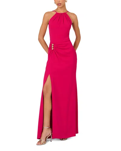 Adrianna By Adrianna Papell Gathered Stretch Crepe Halter Gown In Bright Rose In Pink