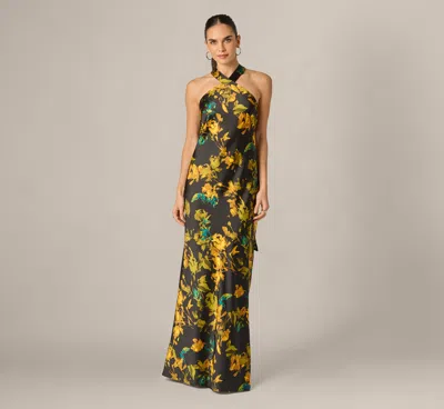 Adrianna By Adrianna Papell Floral Stretch Satin Scarf Halter Gown In Black Multi