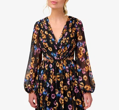 Adrianna By Adrianna Papell Floral-print Pleated Chiffon Long A-line Gown In Black Multi