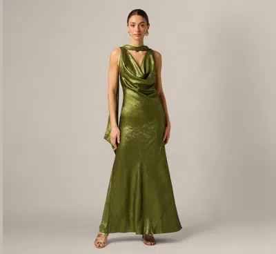 Adrianna By Adrianna Papell Foil Chiffon Cowled Scarf Halter Gown In Dark Olive In Green