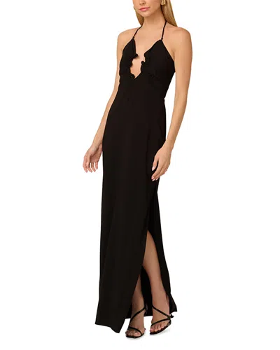 Adrianna By Adrianna Papell Jersey Knit Plunge Neck Long Dress In Black