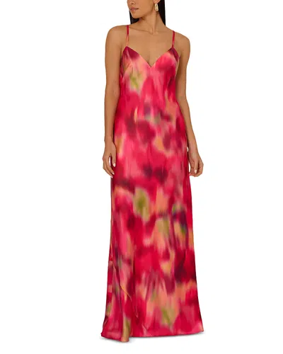 Adrianna By Adrianna Papell Liv Foster Printed Satin V Neck Long Dress In Multi