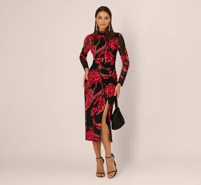 Adrianna By Adrianna Papell Long Sleeve Floral Mesh Bodycon Midi Dress In Black Multi