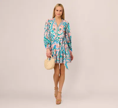 Adrianna By Adrianna Papell Long Sleeve Retro Printed A Line Dress In Peach Multi In Blue