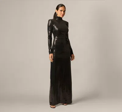 Adrianna By Adrianna Papell Long Sleeve Shimmer Knit Open Back Gown In Black