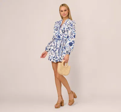 Adrianna By Adrianna Papell Long Sleeve Tie Front Floral Romper In White Blue Multi