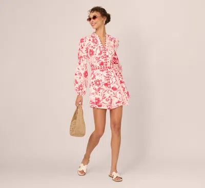 Adrianna By Adrianna Papell Long Sleeve Tie Front Floral Romper In White Coral Multi