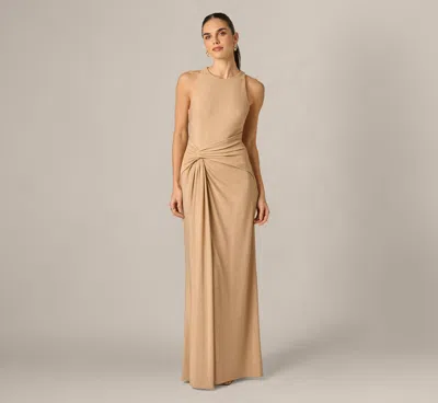 Adrianna By Adrianna Papell Metallic Stretch Knit Draped Gown In Light Gold In Brown