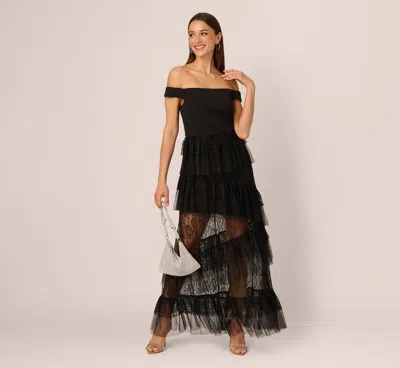 Adrianna By Adrianna Papell Off Shoulder Lace Ruffle Combo Gown In Black