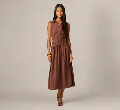 Adrianna By Adrianna Papell Pinstripe Floral Embroidered Yoke Midi Dress In Dark Brown