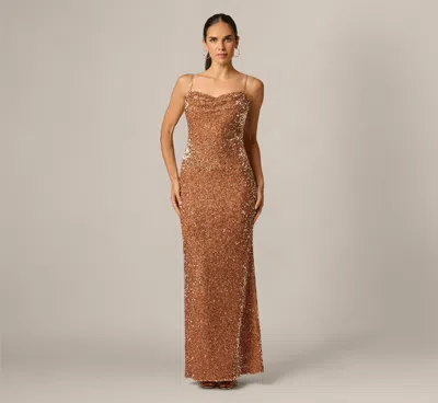Adrianna By Adrianna Papell Sequin Knit Cowl Neck Gown In Rose Gold In Brown