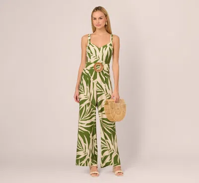 Adrianna By Adrianna Papell Sleeveless Palm Leaf Wide Leg Jumpsuit In Green Ivory In Multi