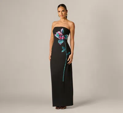 Adrianna By Adrianna Papell Strapless Beaded Placement Floral Gown In Black Multi