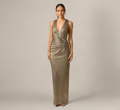 Adrianna By Adrianna Papell Textured Metallic Knit Plunge Neck Gown In Gold