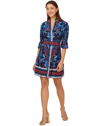 Adrianna By Adrianna Papell Women's 3/4-sleeve Belted Fit & Flare Dress In Blue Multi