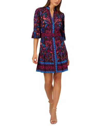 Adrianna By Adrianna Papell Women's 3/4-sleeve Belted Fit & Flare Dress In Brn Multi