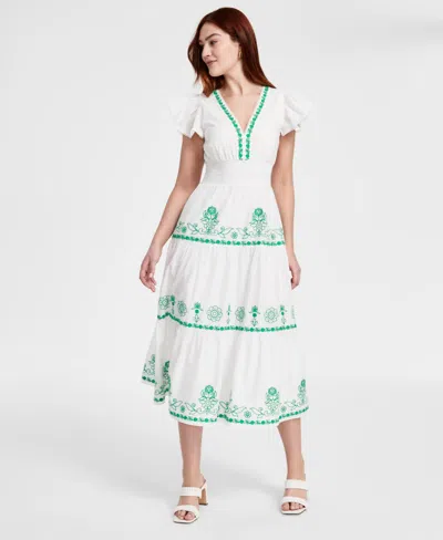 Adrianna By Adrianna Papell Women's Cotton Embroidered Midi Dress In White,green