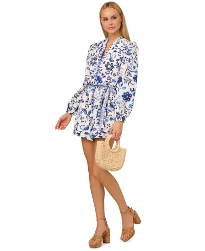Adrianna By Adrianna Papell Women's Cotton Printed Long-sleeve Romper In Blue,white