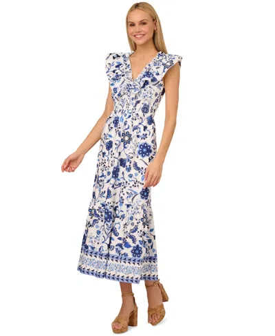 Adrianna By Adrianna Papell Women's Cotton Ruffle V-neck Midi Dress In Blue,white