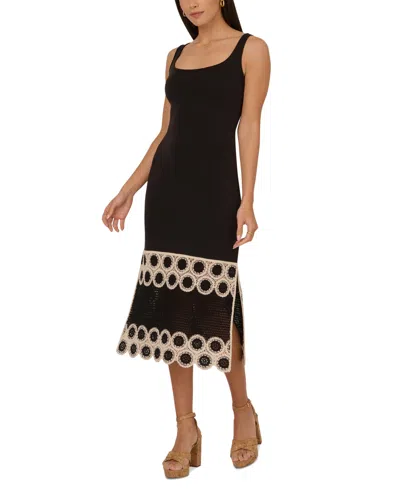 Adrianna By Adrianna Papell Women's Crochet Midi Sheath Dress In Blackecru