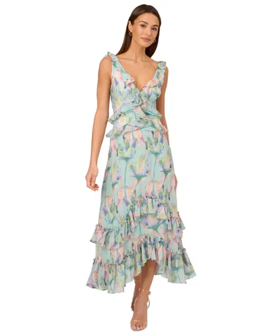 Adrianna By Adrianna Papell Women's Floral-print Ruffled Maxi Dress In Mint Multi