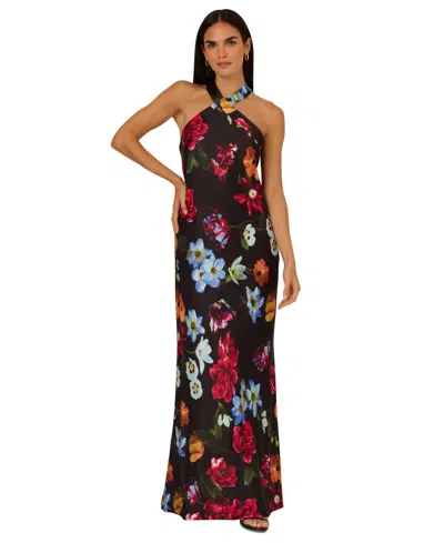 Adrianna By Adrianna Papell Women's Floral Print Sleeveless Halter Gown In Black Multi