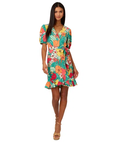 Adrianna By Adrianna Papell Women's Floral-print Wrap Dress In Aqua,coral