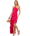 Adrianna By Adrianna Papell Women's Halter-neck Ruffled Satin High-low Gown In Geranium