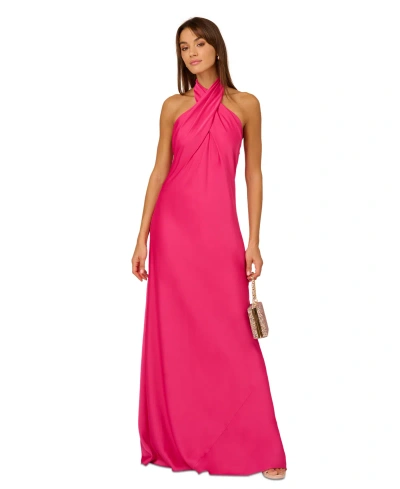 Adrianna By Adrianna Papell Women's Halter Sleeveless Satin Gown In Hot Pink