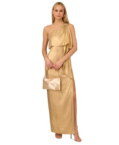 Adrianna By Adrianna Papell Women's Metallic Layered One-shoulder Gown In Light Gold