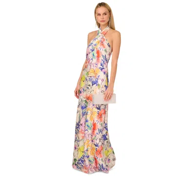 Adrianna By  Papell Women's Printed Crossover-neck Satin Gown