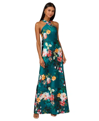 Adrianna By Adrianna Papell Women's Printed Drape-back Halter Gown In Teal Multi