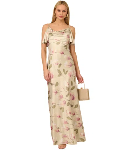 Adrianna By Adrianna Papell Women's Printed Satin Sleeveless Cowlneck Gown In Green Multi