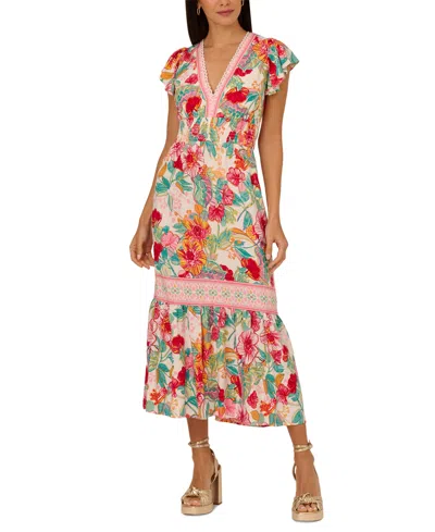 Adrianna By Adrianna Papell Women's Smocked-waist Flutter-sleeve Dress In Pink-green Multi