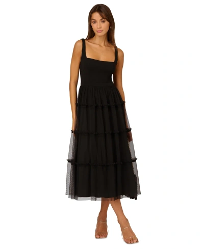 Adrianna By Adrianna Papell Women's Square-neck Midi Mesh Dress In Black
