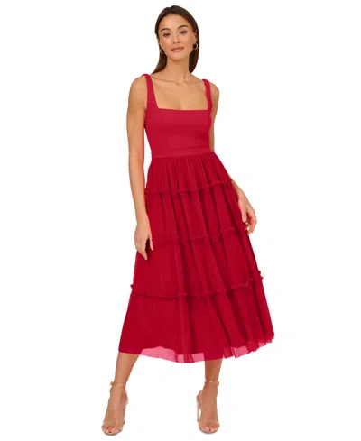 Adrianna By Adrianna Papell Women's Square-neck Midi Mesh Dress In Red