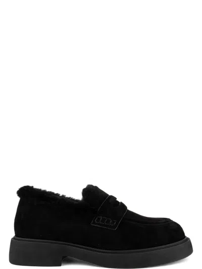 Adrianna Feretti Black Suede Plush Lining Penny Strap Loafers