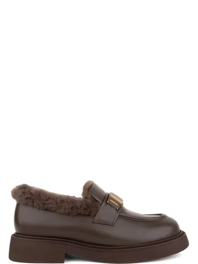 Adrianna Feretti Brown Plush Fur Lining Metallic Buckle Leather Loafers In Grey