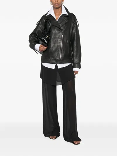 Adrianna Feretti Leather Biker Jacket In Black