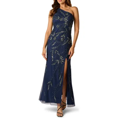 Adrianna Papell One Shoulder Floral Sequin Bead Gown In Light Navy In Blue