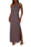 Adrianna Papell 3d Beaded & Sequin One-shoulder Gown In Purple