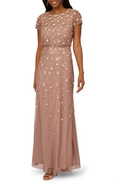 Adrianna Papell 3d Beaded Gown In Stone