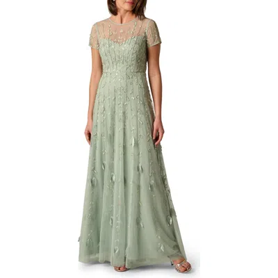 Adrianna Papell Short Sleeve 3d Beaded Vine Gown In Icy Sage In Green