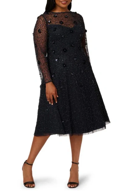 Adrianna Papell 3d Floral Beaded Long Sleeve Illusion Cocktail Dress In Black