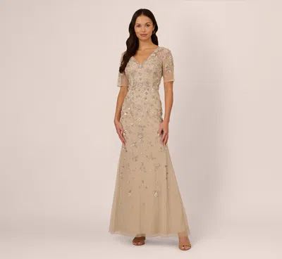 Adrianna Papell 3d Floral Beaded Mermaid Gown With Sheer Short Sleeves In Biscotti In Brown