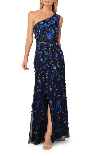 Adrianna Papell 3d Floral Beaded One-shoulder A-line Gown In Blue