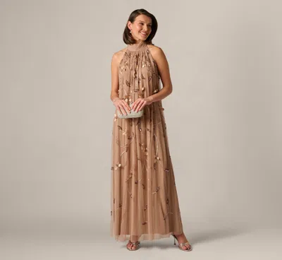 Adrianna Papell 3d Floral Sequin Bead Trapeze Gown In Cafe Mocha In Brown