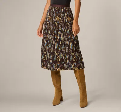 Adrianna Papell A Line Satin Waist Pleated Midi Skirt In Chocolate Paisley Vine In Multi
