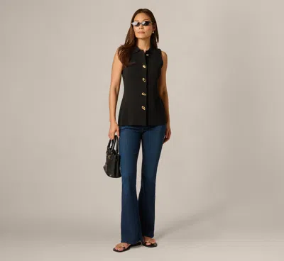 Adrianna Papell Abstract Button Front Knit Vest Top In Black